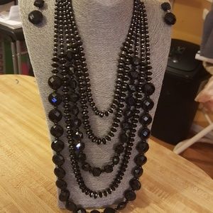 Black Multi -Row Beaded Necklace Set